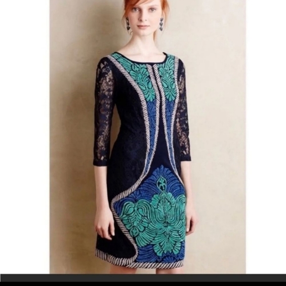 Ranna Gill Anthropologie Embroidered Floral Lace Boho Blue Midi Dress - Picture 1 of 9